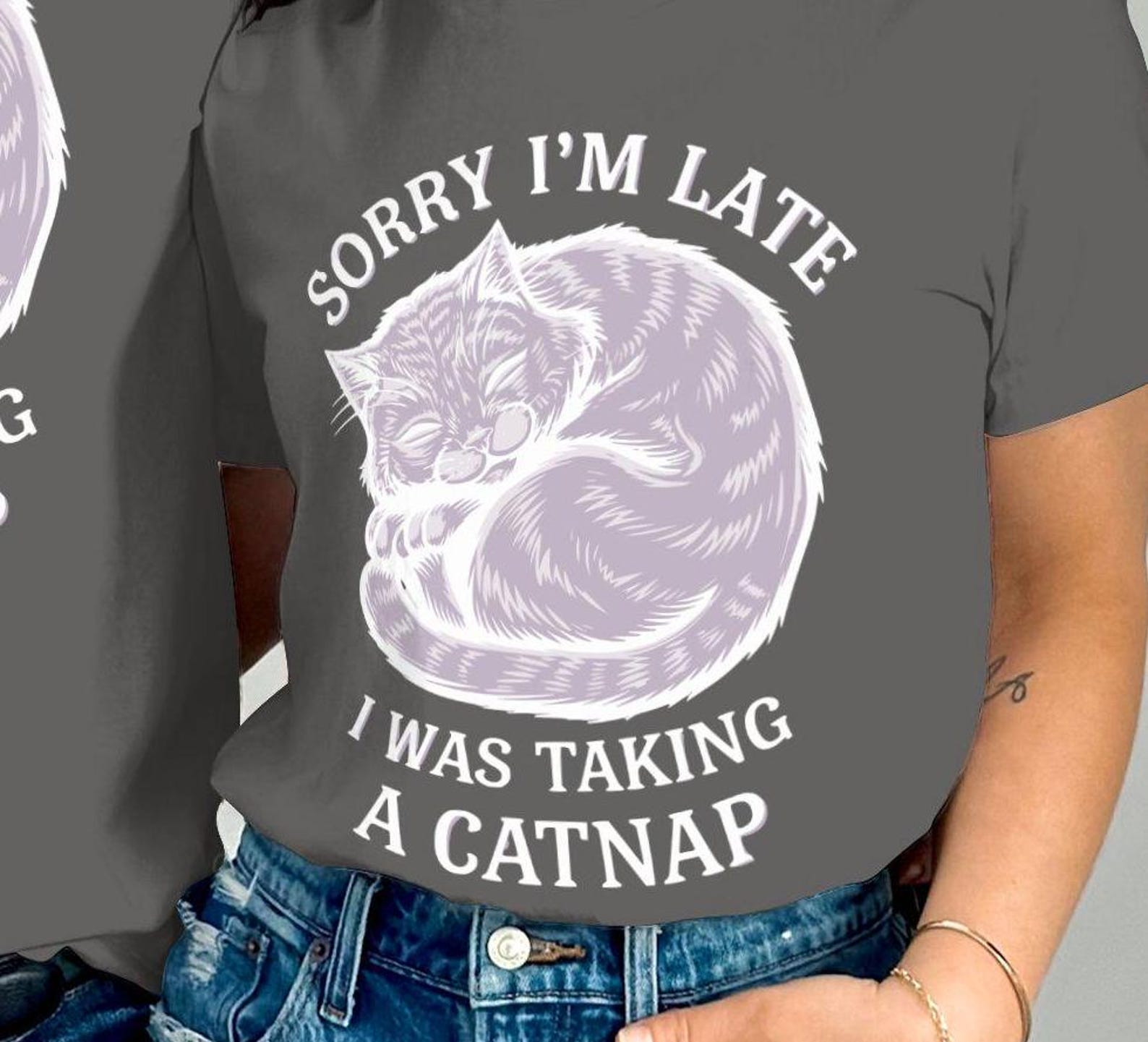 Funny Cat T-Shirt: Sorry I m Late, Catnap Graphic Tee M