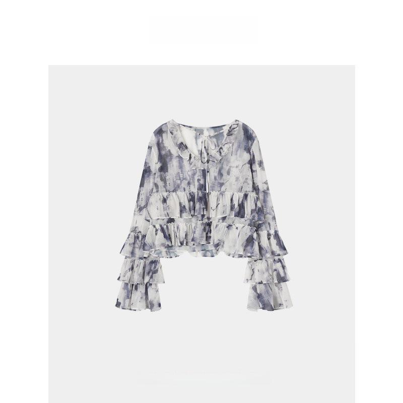 2026 Spring/Summer French Romantic Gradient Mesh Ruffle T-Shirt with Soft Bell Sleeves Medium