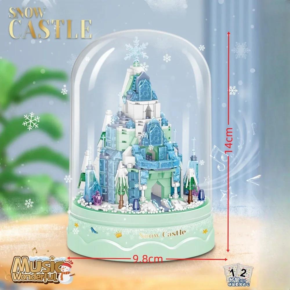 Music Snow Castle Mini Building Blocks DIY Toy with Fan Snow Effect Acrylic Cover Perfect Home Decor Gift for Kids Adults