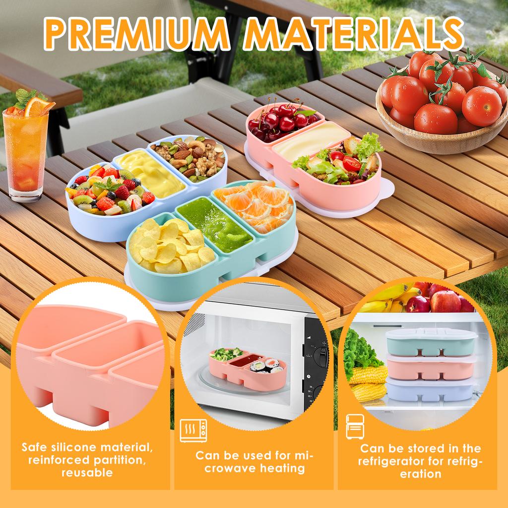3 Pcs Silicone Snack Container 3 Compartments Reusable Salad Dressing Container with Clear Lid for Office Picnic Camping