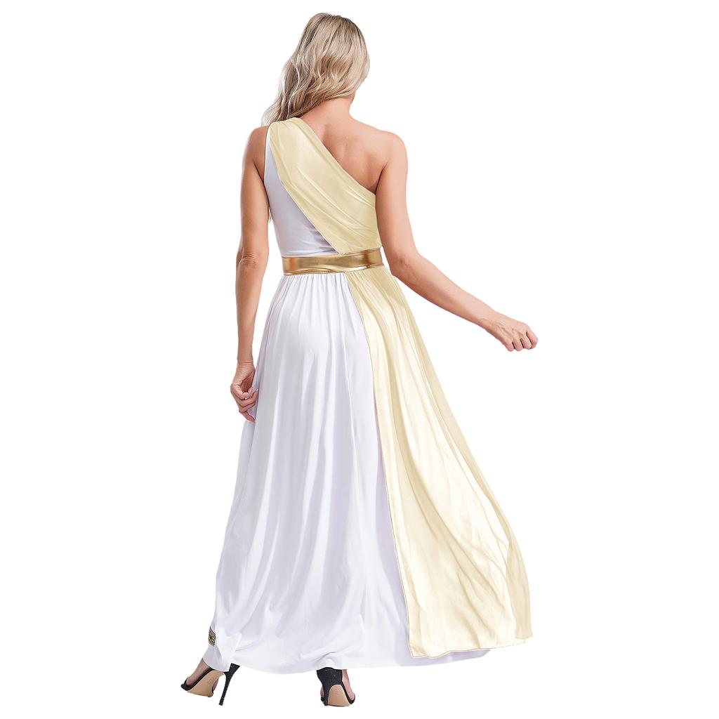 Womens Ancient Greek Praise Dance Dress One Shoulder Chiffon Overlay Vintage Trim Tunic Halloween Cosplay Party Gown