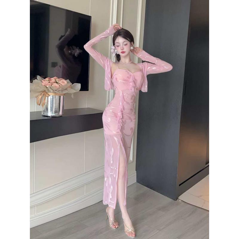 

9498 Сексуальное облегающее платье на бретелях: Новое длинное платье с низким вырезом и разрезом для ночных клубов Large розовый