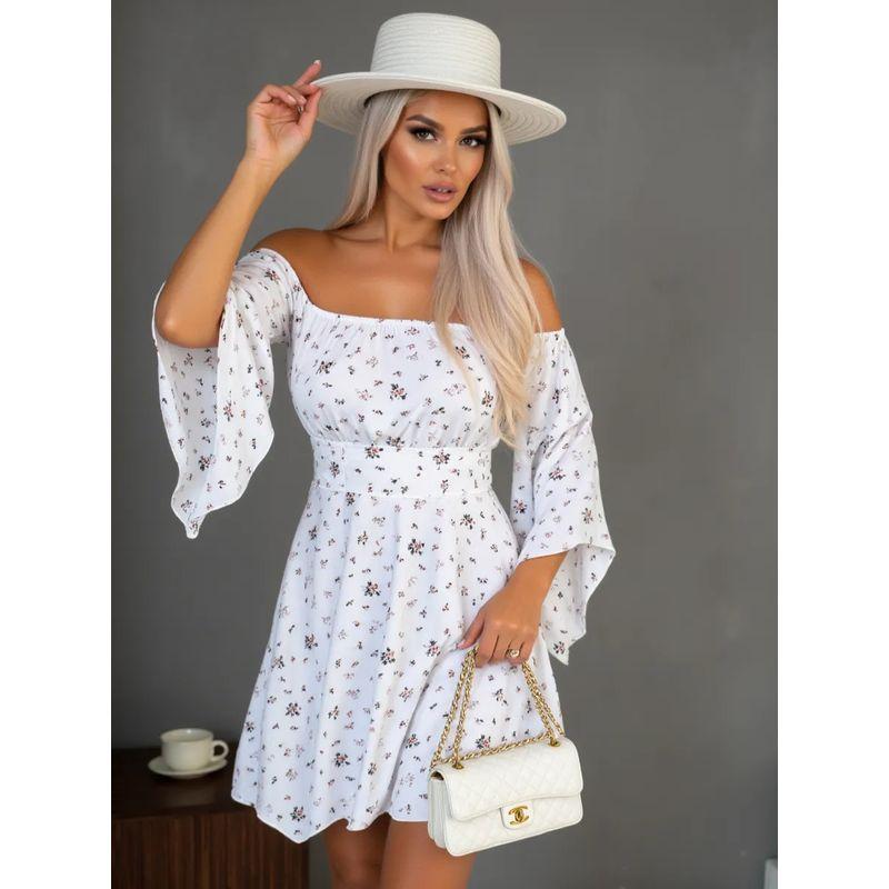 

Europe and America Cross Border Spring/Summer New Arrival Women s Floral Open Back off-Shoulder Bell Sleeve Fairy French Style Waist-Tight Dress Women Printed L