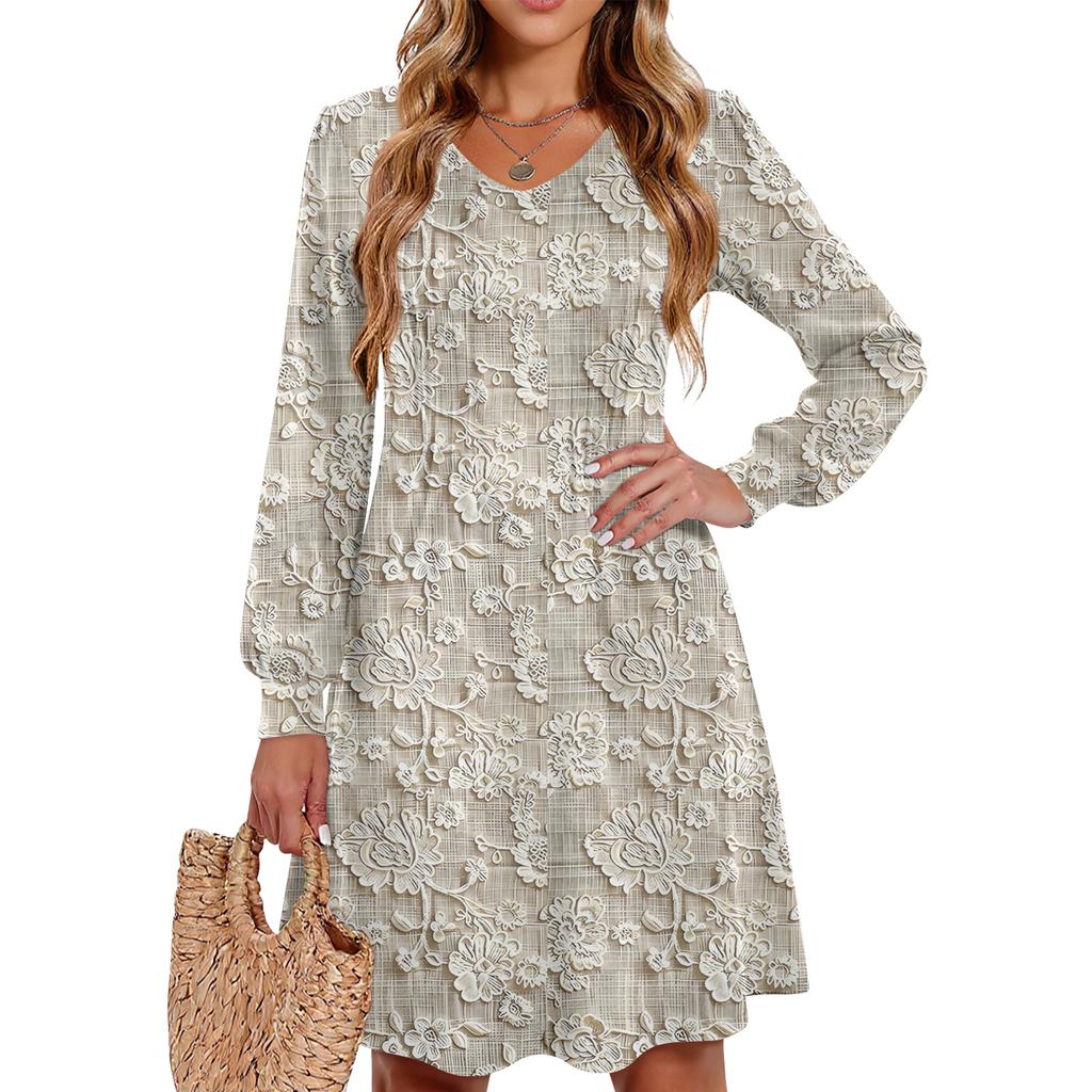 Ladies' Printed Casual And Fashionable V-neck Long Sleeved Mid Length Dress