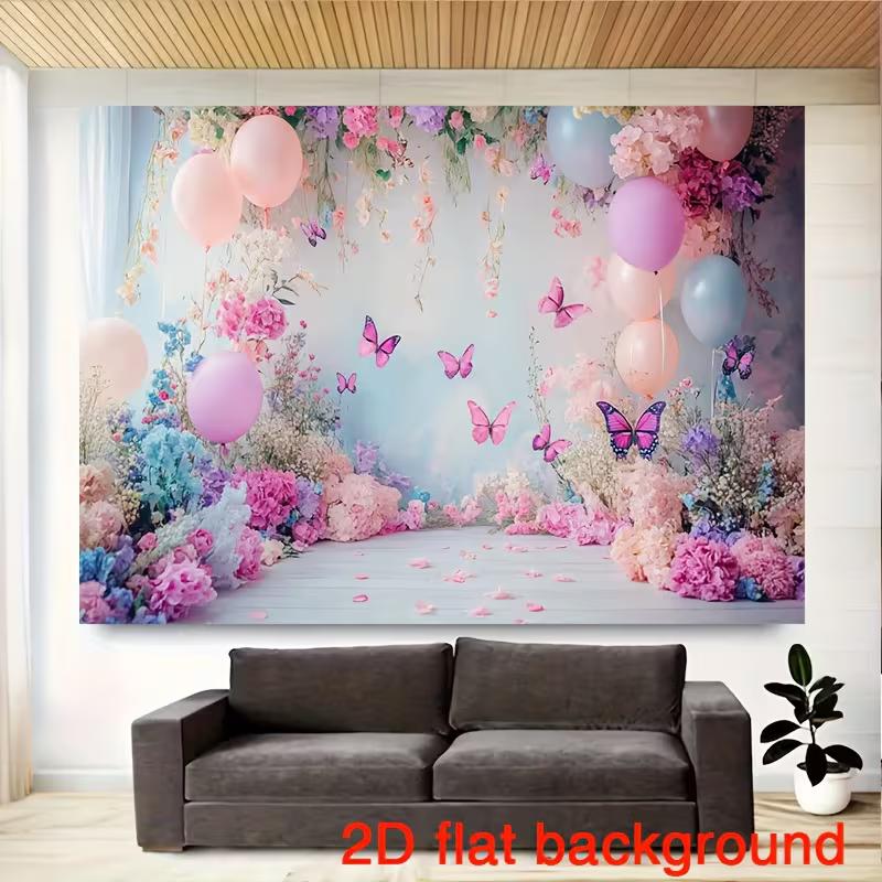 2D Dreamy Pastel Flower & Balloon Backdrop Cloth for Birthday Party Photo Booth Background