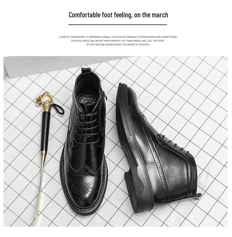 Brogue Martin Men's Autumn Pointed Toe High-Top Leather Chelsea Boots - European & American Mid-Calf Style