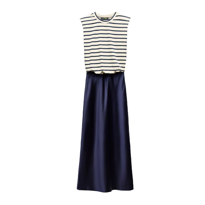 

Early Autumn New Dress Vest Long Skirt Women s Silk Satin Texture Stripes Patchwork Midi Skirt Dress 2157224 Sea Blue L