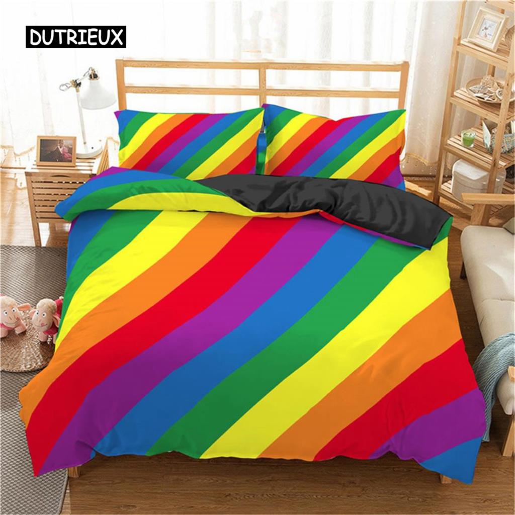Regenbogen Druck Bettwäsche Set, Bunter Streifen Bettbezug Weiches Bettwäsche Set, Einzelbett King Queen Größe 3-teilig Polyester Bettdeckenbezug