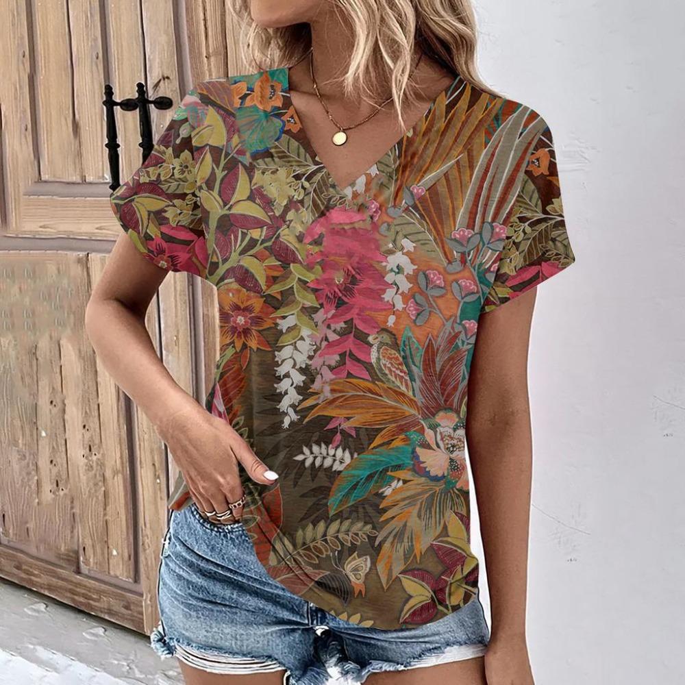 Women's Fashion T-shirts, V-neck Tops, Floral Print T-shirt, Women's Short Sleeve Top, Casual T-shirts, Summer Oversized Clothes