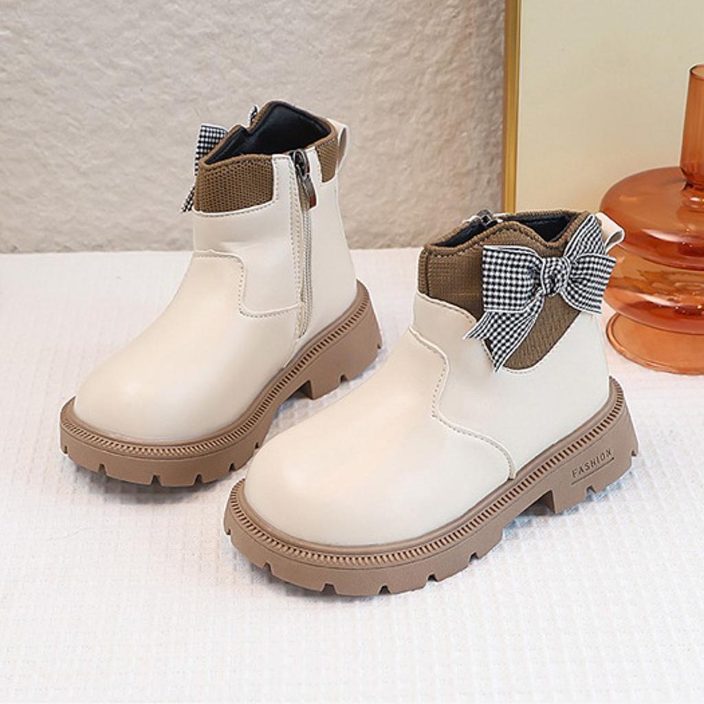 Kids Princess Boots Girls High Top Side Zipper Plaid Tie Bow Autumn Winter Boots Children Soft Bottom Anti-Slip PU Leather Shoes