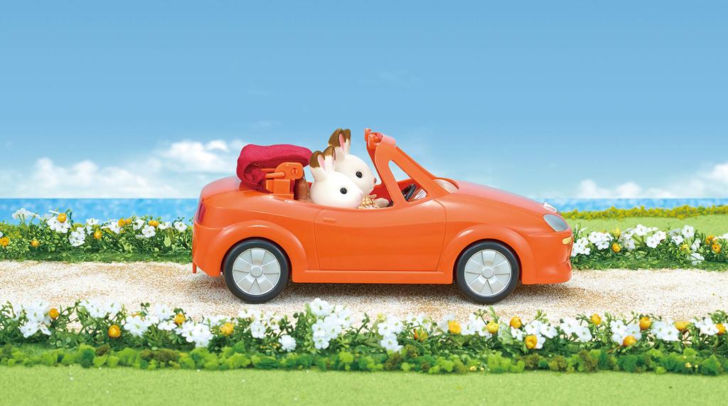 EPOCH Sylvanian Families Convertible Car [Orange] – Two-Seater Ride-On Toy Car with Fold-Down Top, ABS, Ages 3+