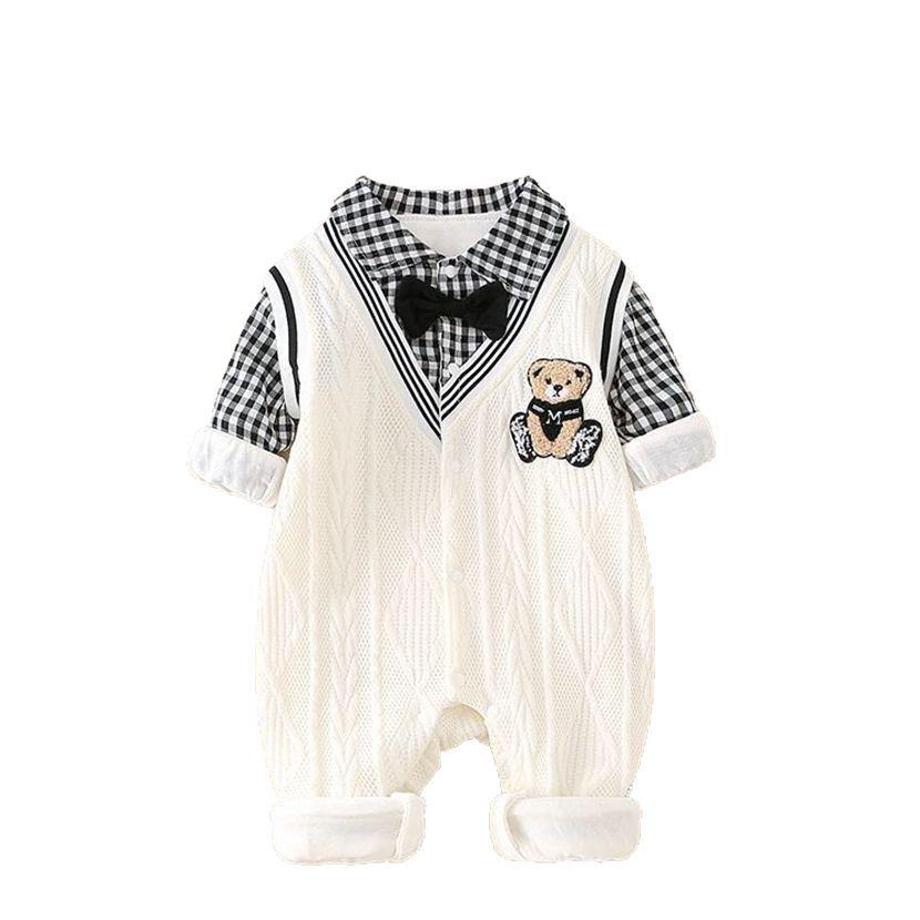 Baby Boys' and Girls' Long-Sleeve Gentleman Bear Knitted Two-Piece Bodysuit for Spring and Autumn