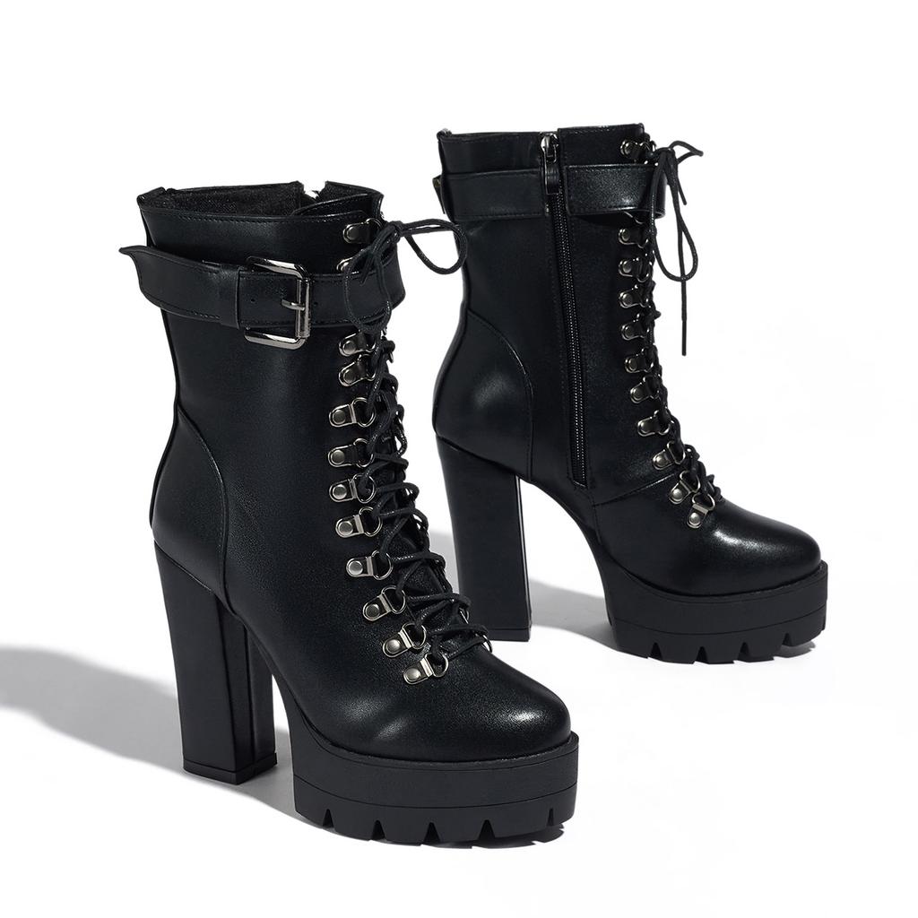 Damen-Kurzstiefel mit hohen Absätzen Herbst und Winter neu wasserdicht Tisch dicker Absatz Übergröße Römische Kurzstiefel