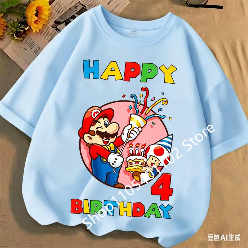 2026 New Super Marios Bros Childrens Pure Cotton Tshirts Anime Birthday Numbers 19 Cute Anime Childrens Casual Tshirts