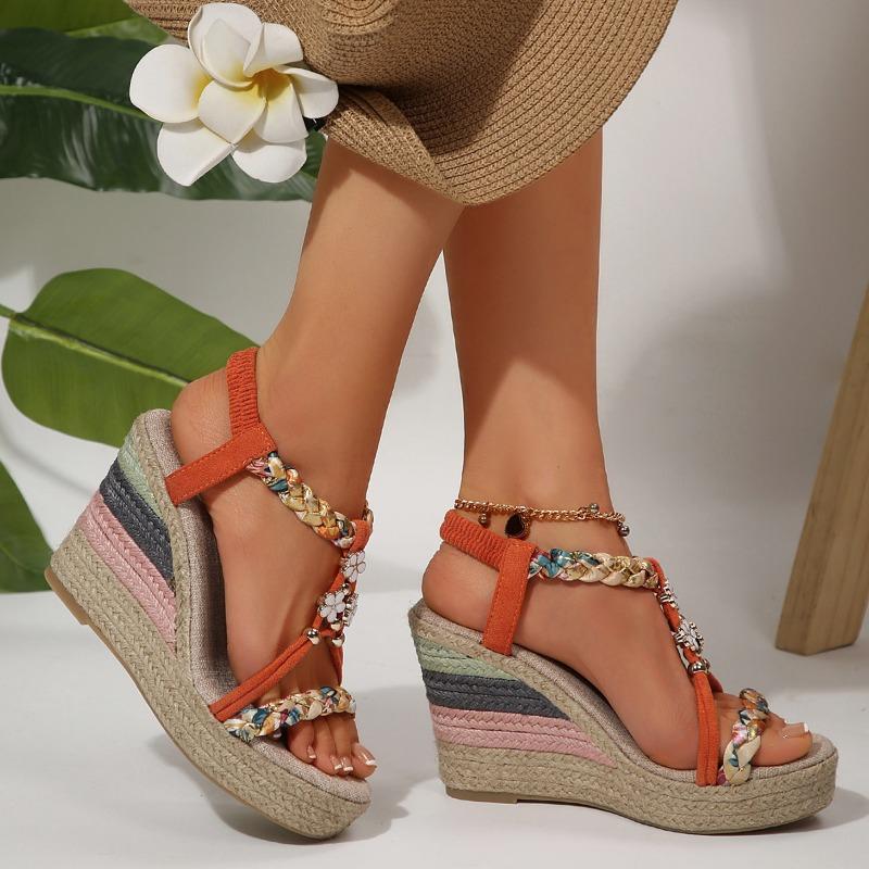 Fashion 2025 New Metal Decor Wedge Sandals for Women Summer Braided Band Platform Gladiator Sandals Woman Thick Bottom Beach Sandals