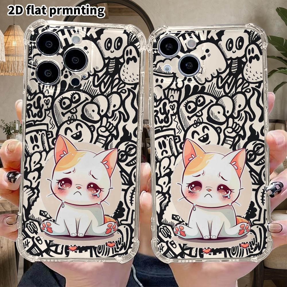 Phone Case: 2D Flat Suitable for iPhone 18 17 16 15 14 13 Pro, Transparent Corner Protection Case, Crying Cat, Christmas and Halloween Gifts