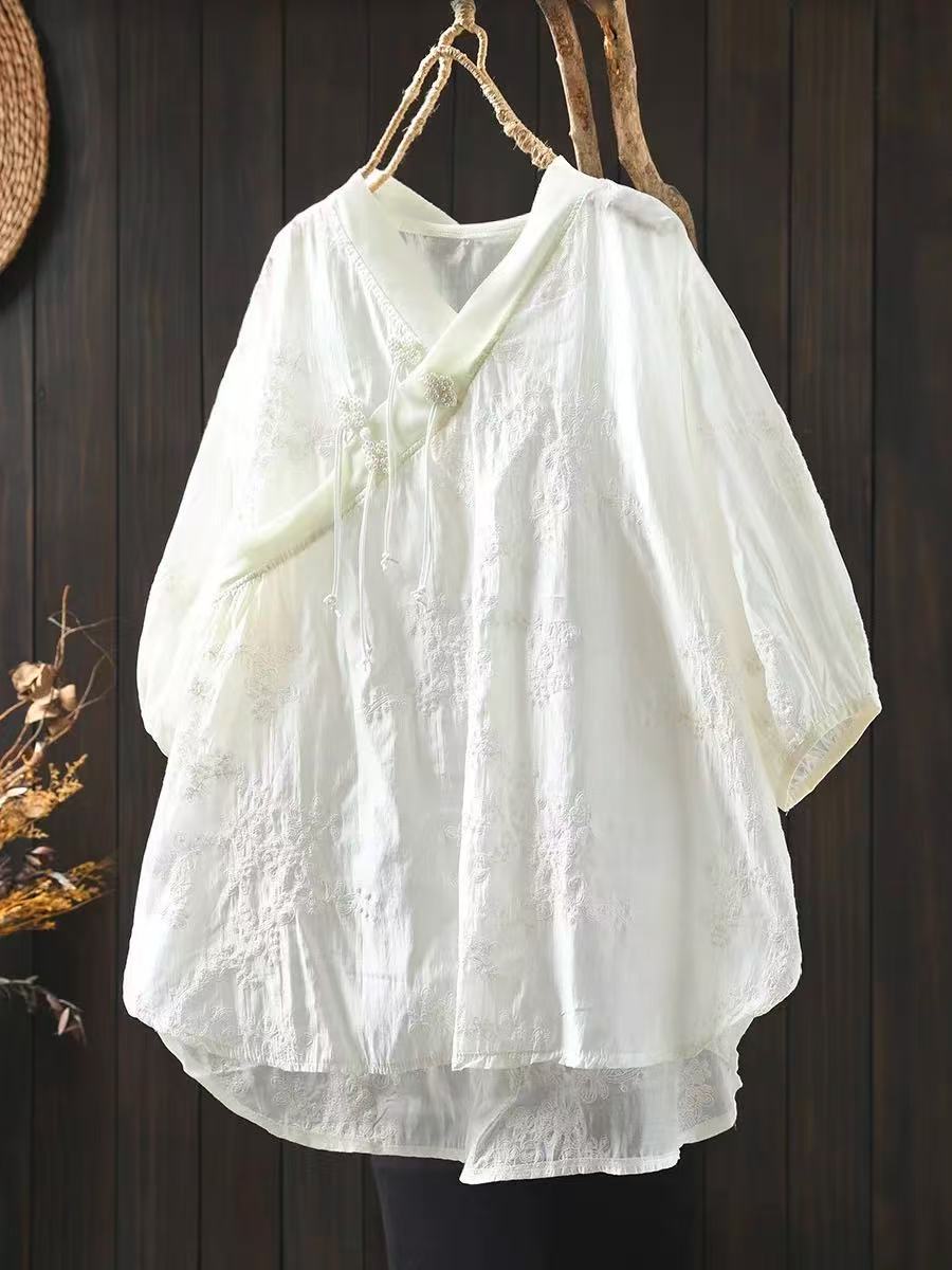 

Johnature Женские рубашки в китайском стиле Жаккардовые винтажные блузки Весенние V-образные вырезы Длинные рукава Женские мягкие топы One Size белый