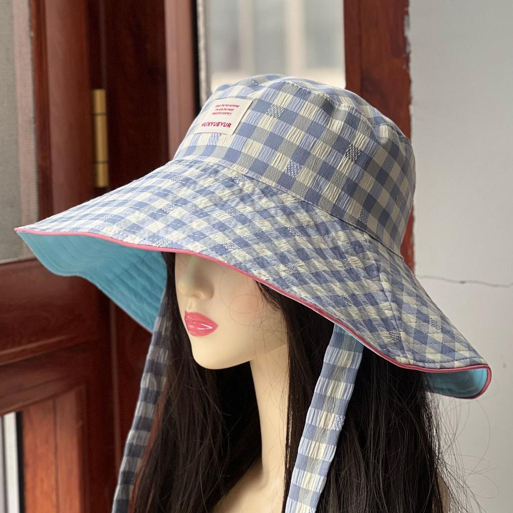 Casual bucket hat women can wear double-sided plaid versatile big eaves show face small sunshade sunscreen hat fashion basin hat