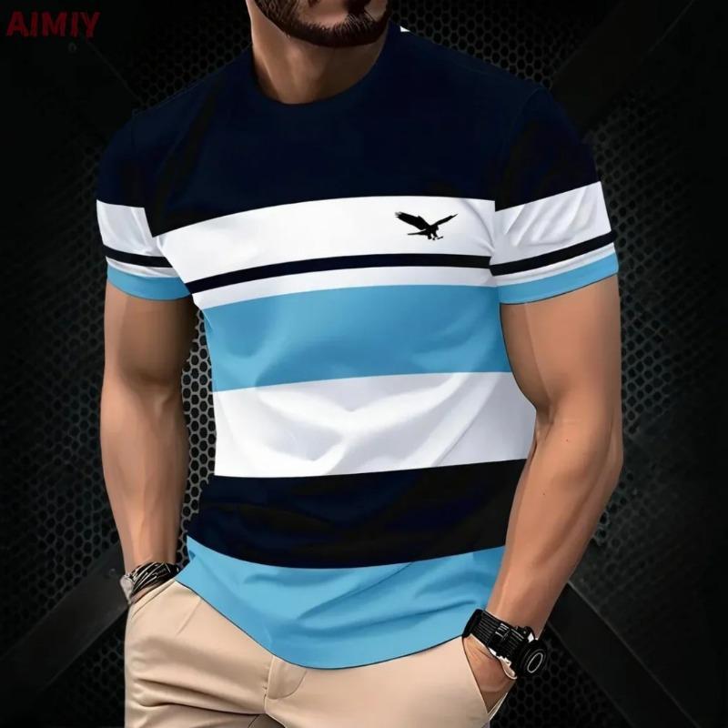 T Shirt Man Classic Men's Clothing Outdoor Round Neck Short Sleeve Top Stripe Print Street Loose T-Shirt