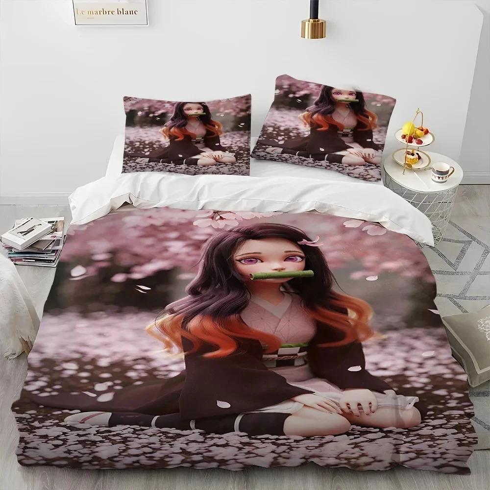 Demon Slayer Bedding Set Kamado Nezuko Duvet Cover Pillowcase King Queen Full Single Size Boys Teen Gift Anime Bed Linen
