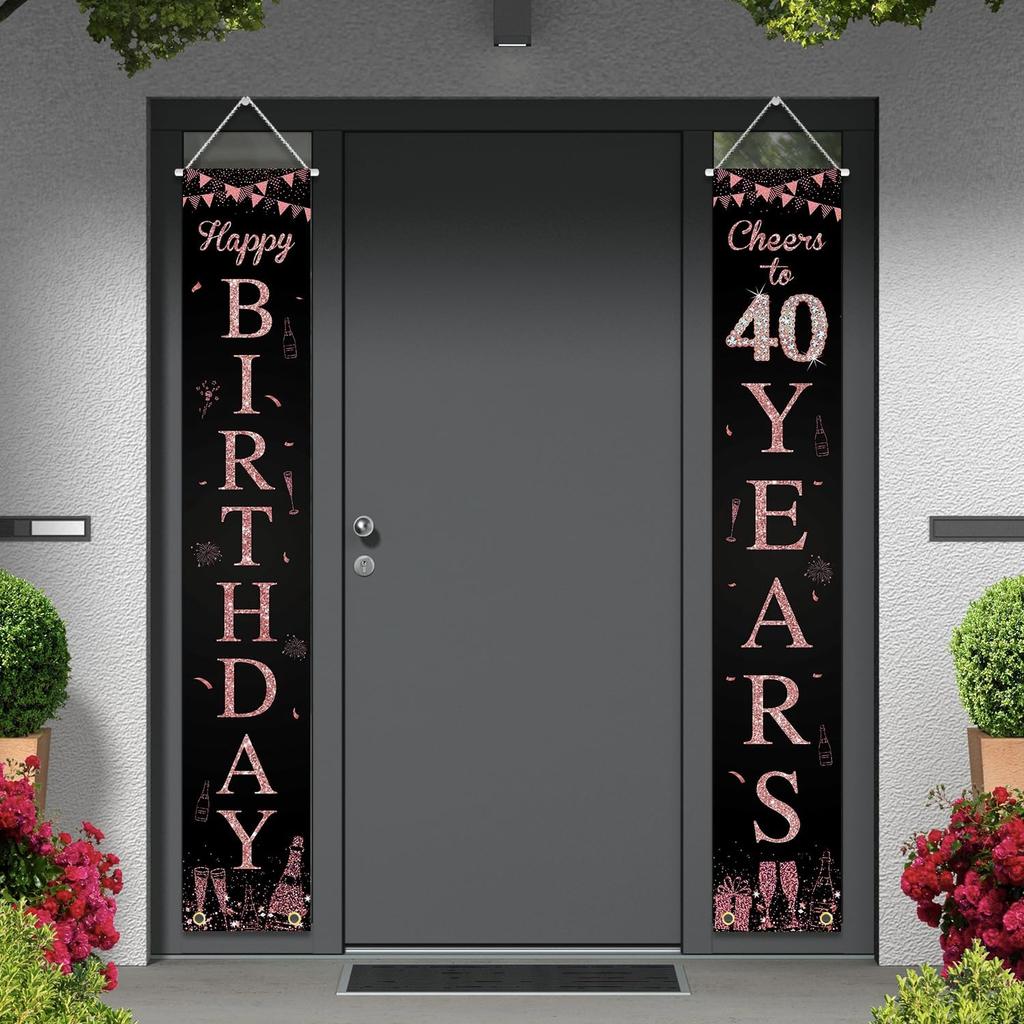 Happy 40th Birthday Door Banner Porch Sign Rose Gold, Cheers to 40 Years Birthday Party Decorations Supplies for Women