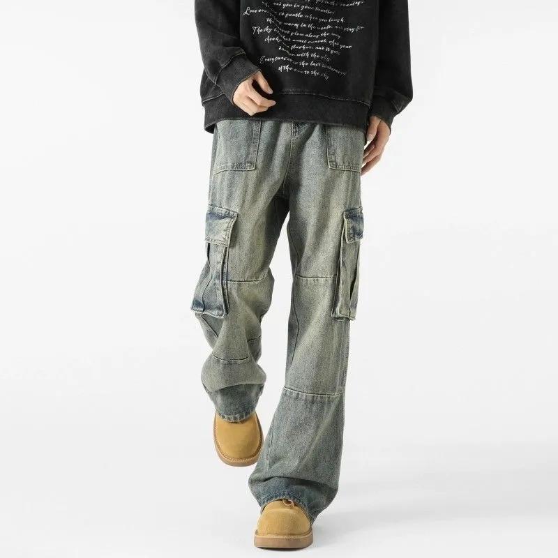 Мужские винтажные стираные джинсы-карго широкие многокарманные джинсовые брюки M синий