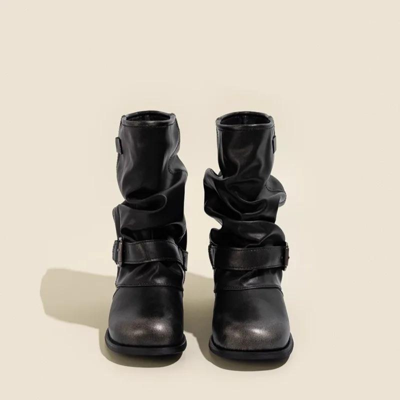 Άνετες Διπλωμένες Καλοκαιρινές Κοντές Μπότες Γυναικείες Μποτάκια Φαρδύ Στέλεχος Μοντέρνο Υλικό Πολυουρεθάνης Τετράγωνο Δάκτυλο Εξωτερική Σόλα Καουτσούκ