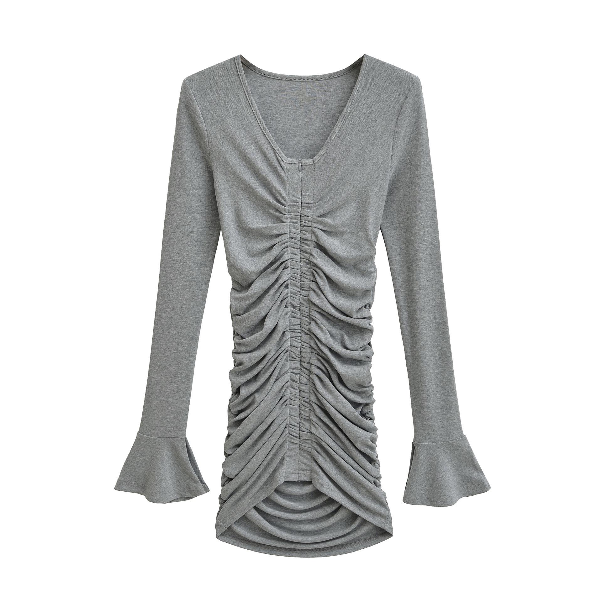 

Pure Desire Backless Pleated Long Sleeve Dress – Autumn/Winter Tight-Fit Waist, Hip-Hugging Short Skirt Medium серый