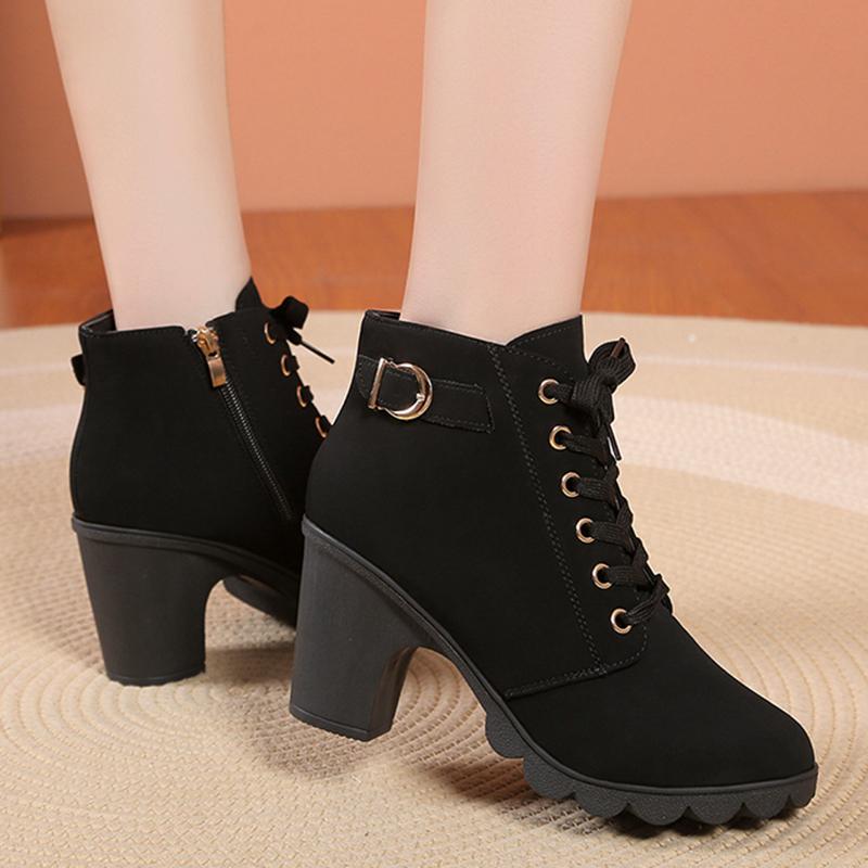 Mode Mode Schwarze Klobige Absatz Damen Stiefeletten 2024 Herbst Metalldekor Hohe Absätze Schuhe Frau Schnürung Plateau Stiefeletten Große Größe