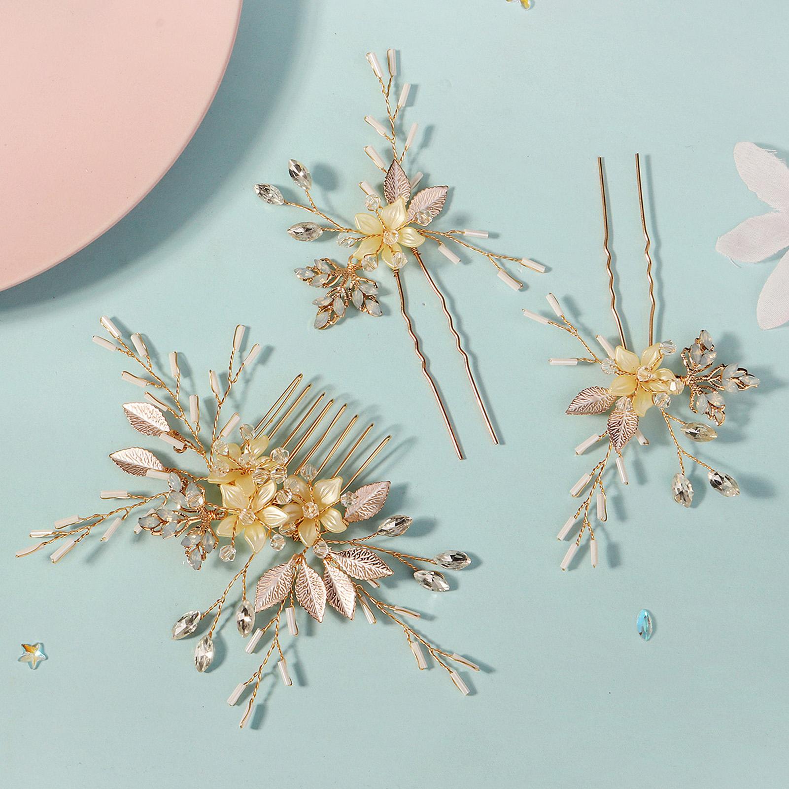 3pcs Flower Rhinestone Hair Combs U-Shaped Hairpins Alloy Wedding Hair Accessories Gold HS J6346