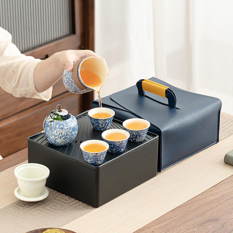Creative Chinese Flowering Ru Kiln Ceramic Tea Set Portable Kuaike Tea Tray High-end Storage Bag Business Travel Cup