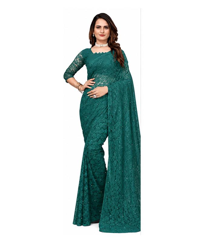 TreegoArt Fashion Women's Party Wear Floral Design Indian Saree Pearls Net Saree With Unstitched Blouse Piece