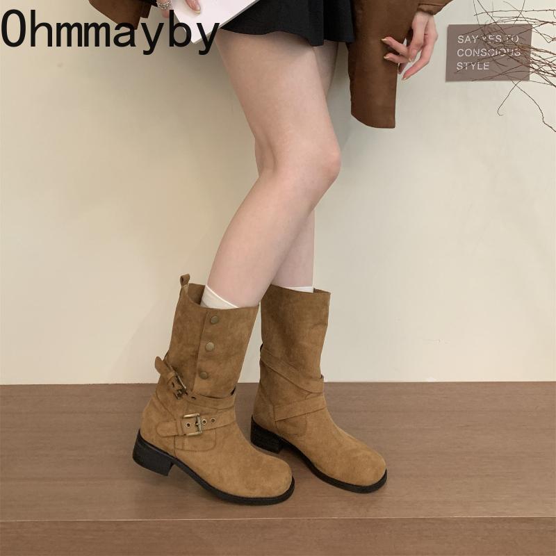 Men Women Boots SlipOn Street Style Belt Buckle Western Ankle Thick Heel Shoes Female Vintage Slip Short Booties Muje