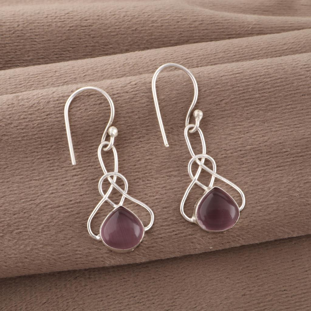 Purple Cat's Eye 925 Sterling Silver Earrings, Handmade Silver Jewelry, Gorgeous Cat's Eye Gemstone Earrings For Gift