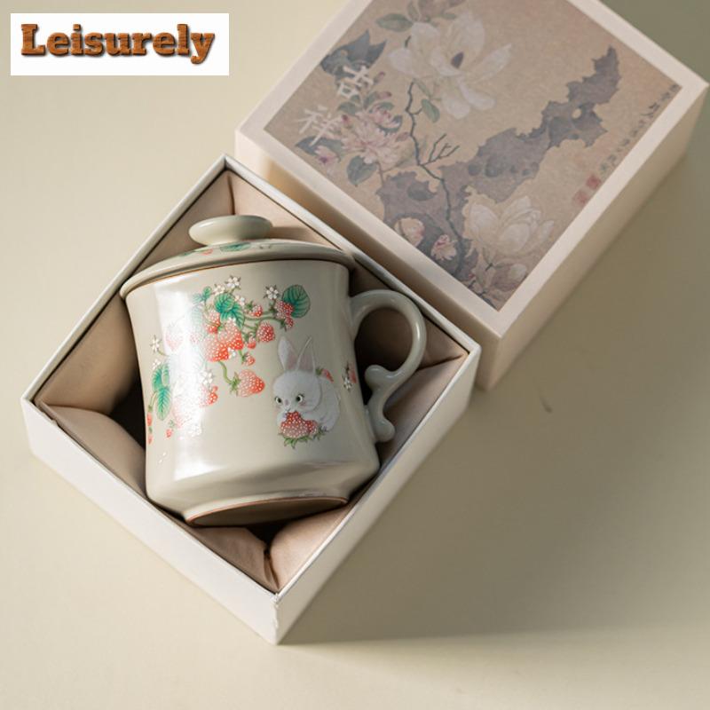 350ml Ru Kiln Strawberry Rabbit Crescent Moon Filter Tea Separator Cup Handmade Tea Mug With Infuser Tea Maker Office Water Cup