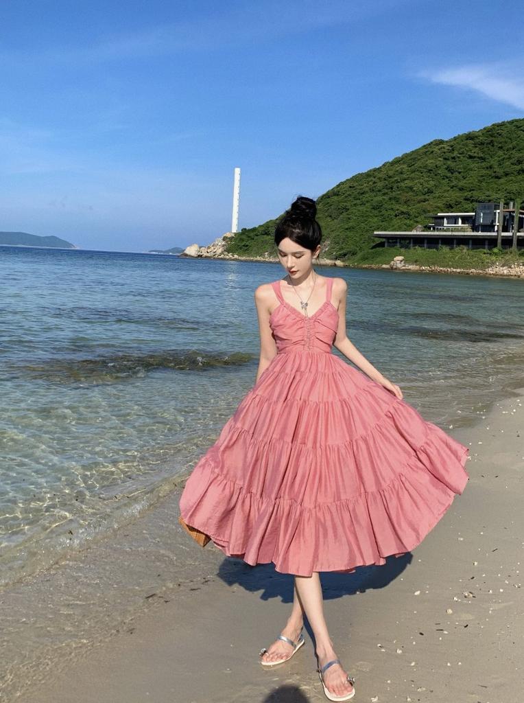 Summer island style dress beautiful temperament pink neck backless photo skirt niche waist and thin skirt