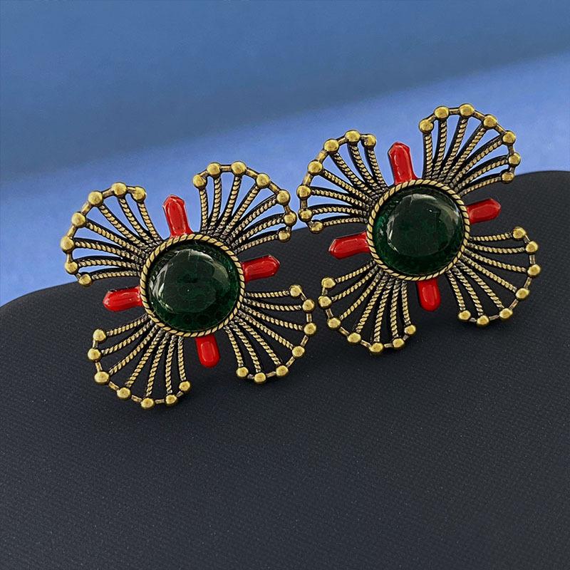 Court Retro Earrings, Enamel Dripping Oil, Gem Wind Hollow Four-Petaled Flower Stud Earrings, Ancient Style