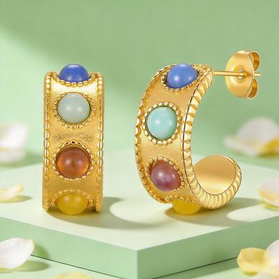 Bohemian Colorful Stone C-shaped Earrings, Women's Luxurious Natural Stone Earrings,Stainless Steel Daily Wedding Jewelry Gift