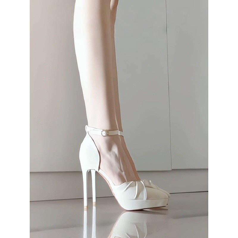 2025 meters white French premium waterproof table high heels with pleated design stiletto etiquette sandals