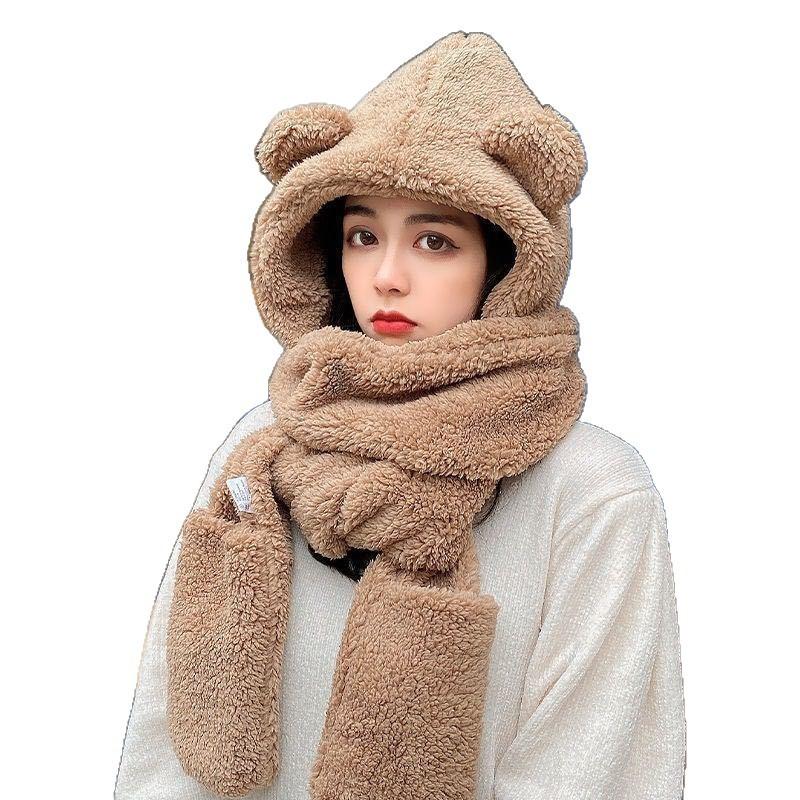 Bear Ear Protection Hat Female Cute Hat Scarf Integrated Female Gloves Three-piece Set Thickened Warm Double Layer Cold Protection
