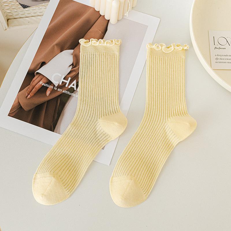 Ladies Summer Thin Wooden Ear Side Lovely Lace Vertical Bar Mesh Breathable Mid Tube Stack Socks