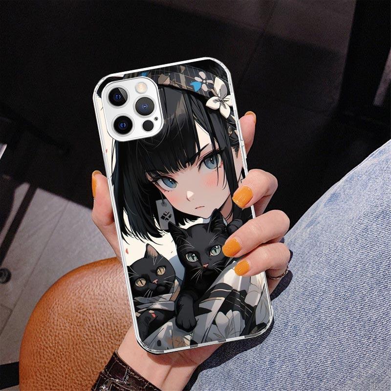 Anime Girls Cute Black Cat Phone Case For iPhone 17 Air 16 Pro Max 16E 15 + 14 Plus 11 12 13 Mini 7 8 SE Gift Print Cover Fundas