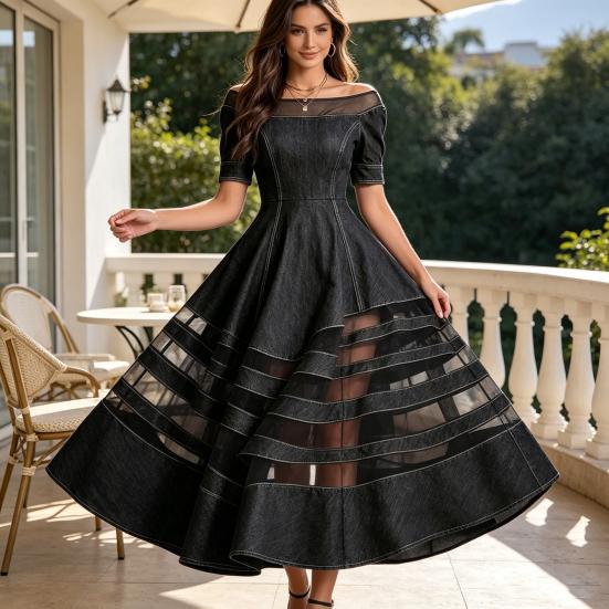 Damen schulterfreies Jeanskleid, Netz-Patchwork Kurzarm A-Linie Swingkleid, Sommer Reise Urlaub langes Kleid