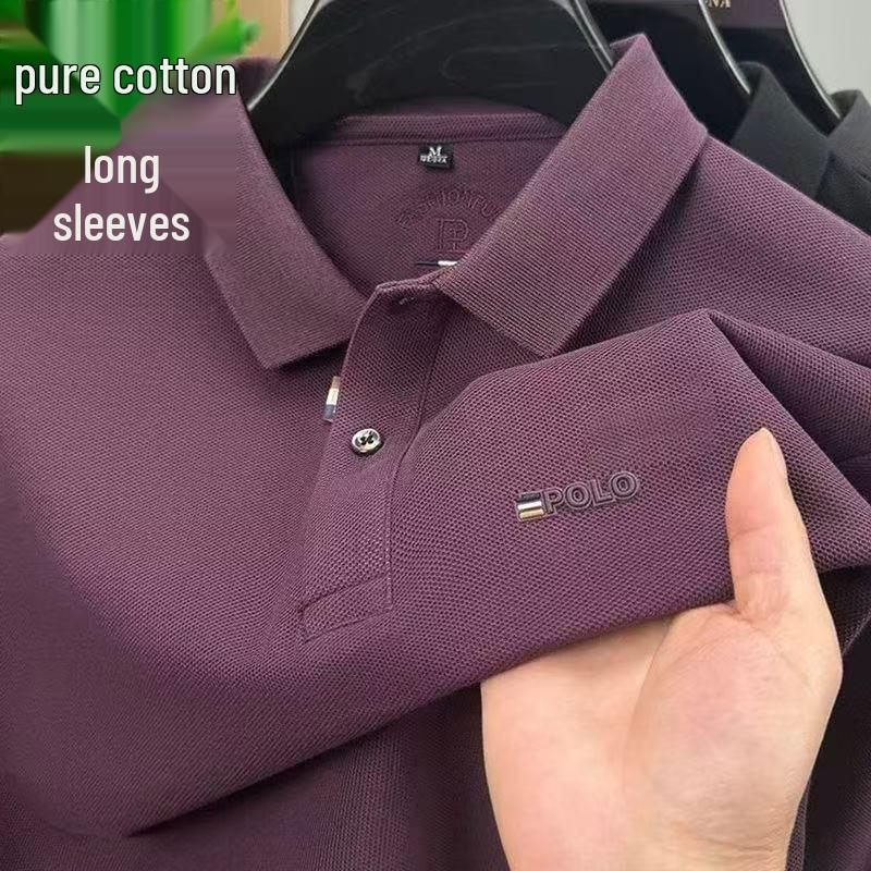 Polo homme Douyin automne en coton - Col rabattu, manches longues, couleur unie, coupe décontractée