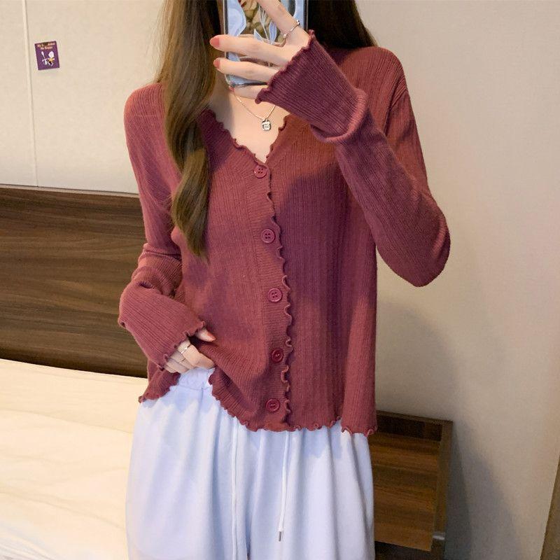 Knit Top Spring Fall Premium V Neck Air Conditioning Cover Versatile Sweater Thin Coat Long Sleeve Cardigan Women