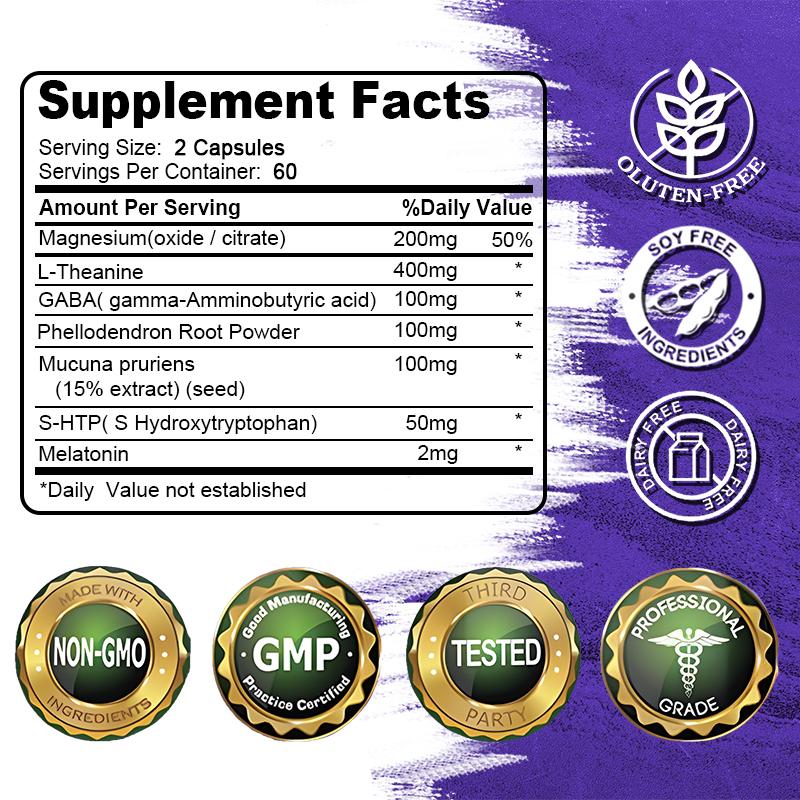Sleep Support Capsules with Magnesium, L‑Theanine, GABA, 5‑HTP , 120 Capsules, 60‑Day Supply