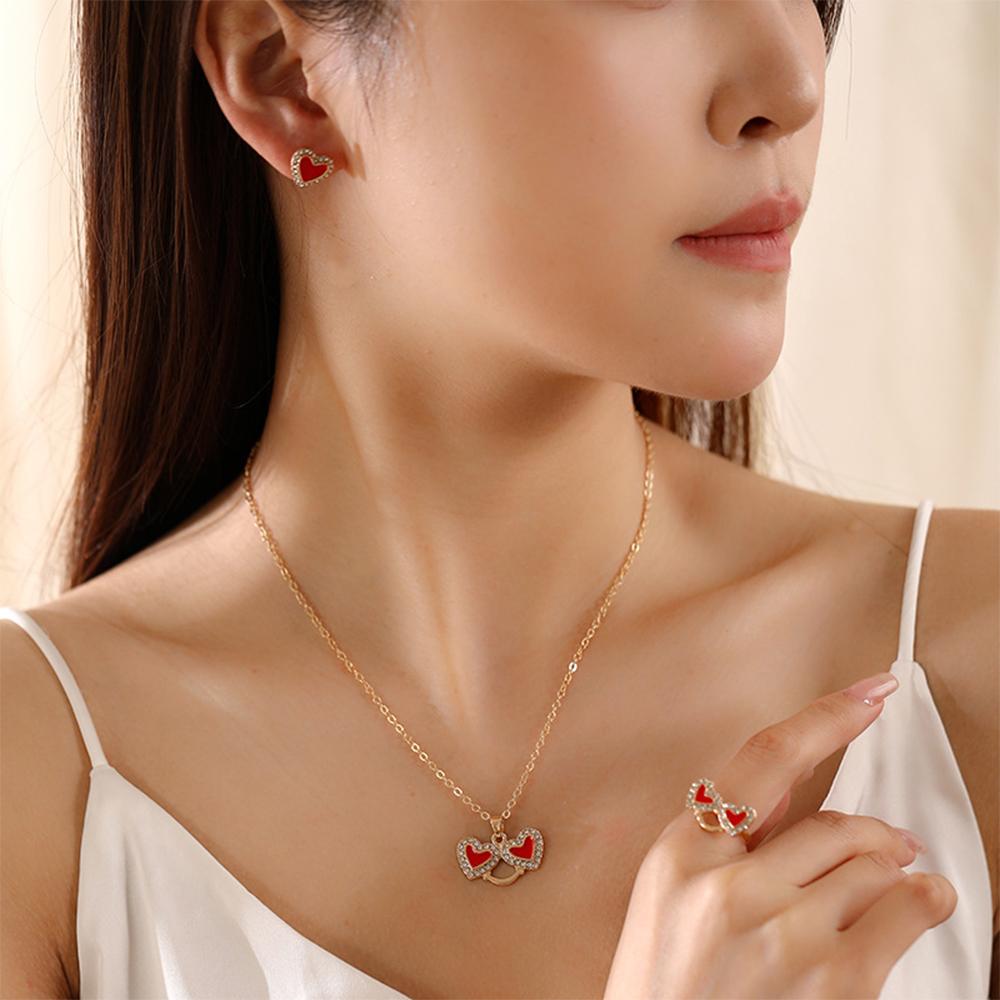 4 Piece Set Women Oil Dripping Love Highend Feeling Diamond Studded Fashionable Peach Heart Ring Earring Necklace Set Accessorie