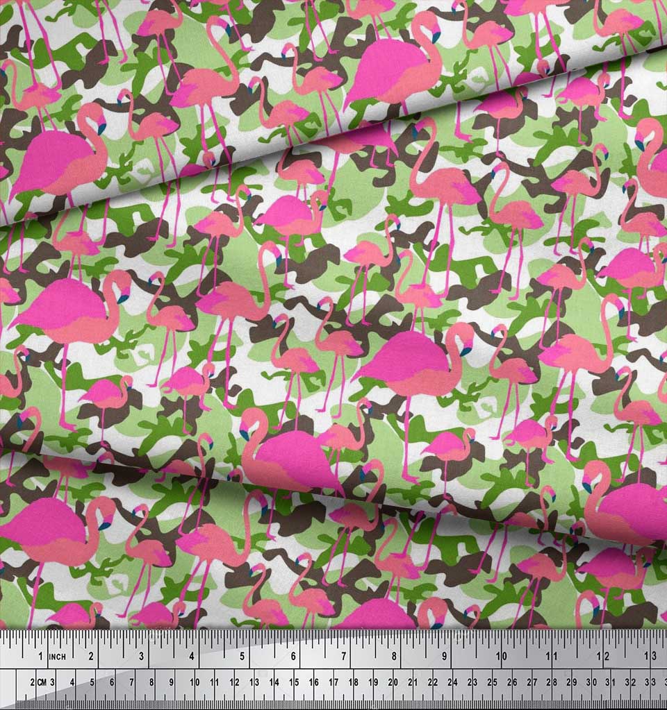 Soimoi Japan Crepe Satin Fabric Camouflage Texture & Flamingo Bird Printed Craft Fabric by the Metre 42 Inch