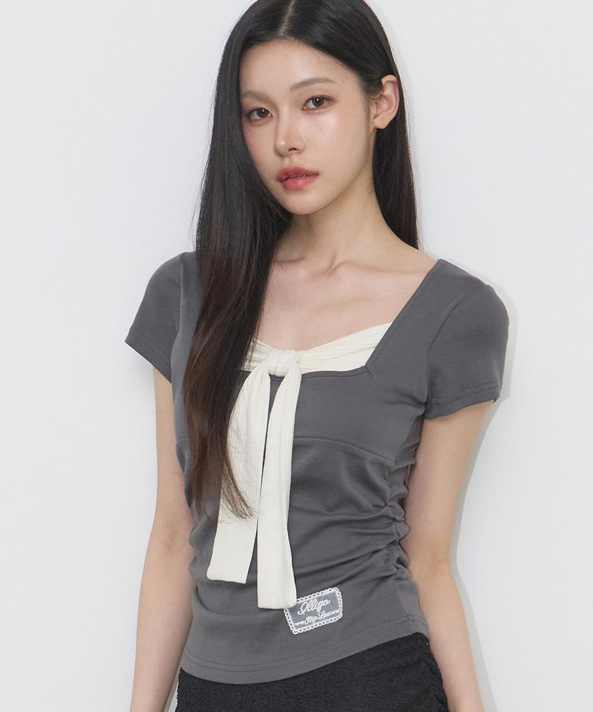 ILLIGO Layered Ribbon Tie T-Shirt Charcoal