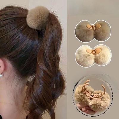Haarspange Echtes Rexkaninchenfell Hoher Pferdeschwanz Greifklemme Herbst und Winter Plüsch-Klammer Haarschmuck